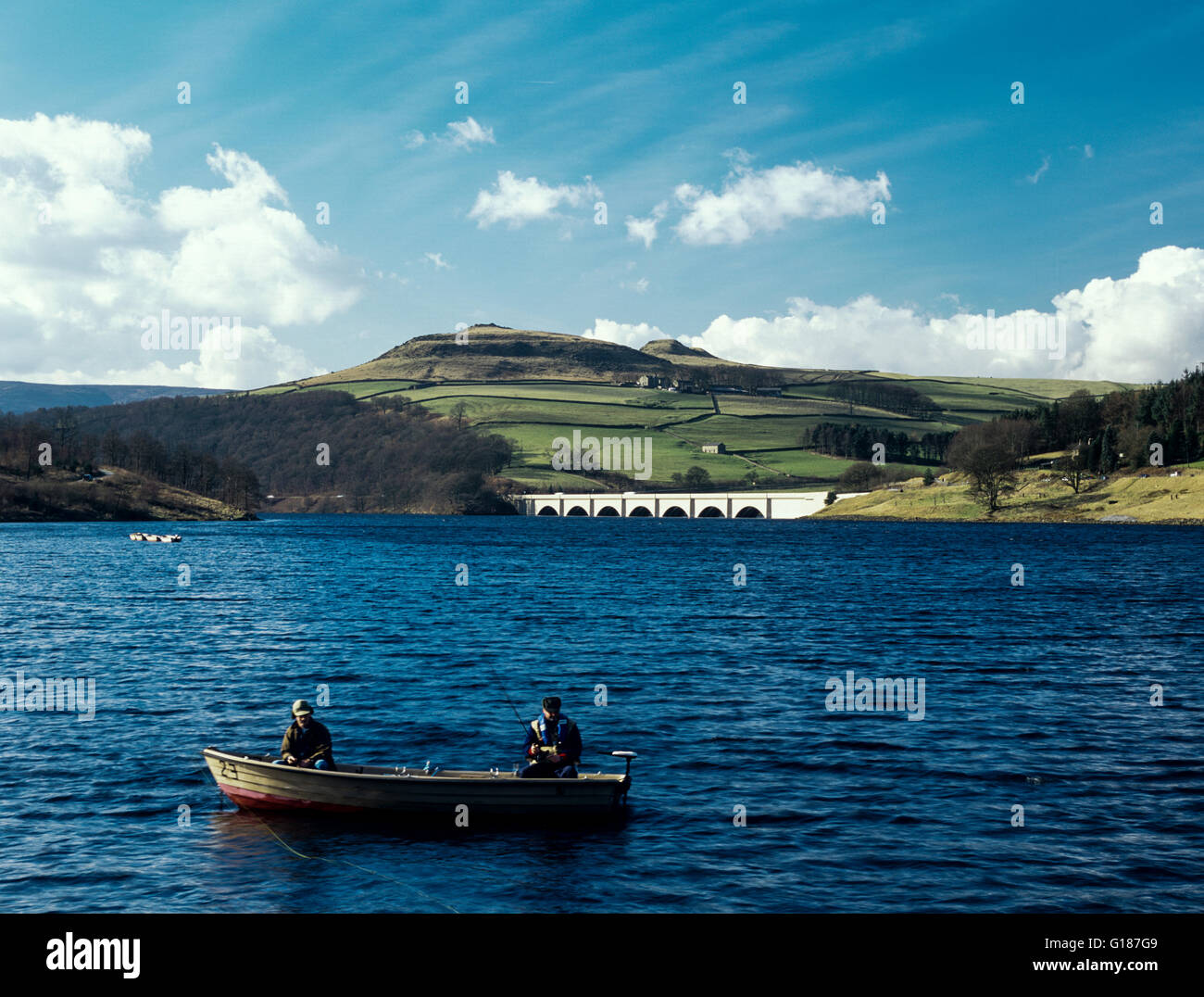 Two men rowing boat fishing in Ladybower reservoir Upper 