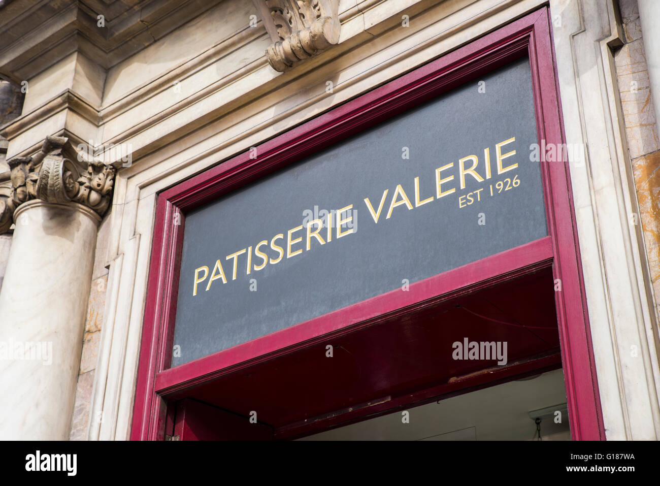LONDON, UK - MAY 7TH 2016: The sign above the entrance to Patisserie Valerie cafe restaurant on Piccadilly in central London, on Stock Photo
