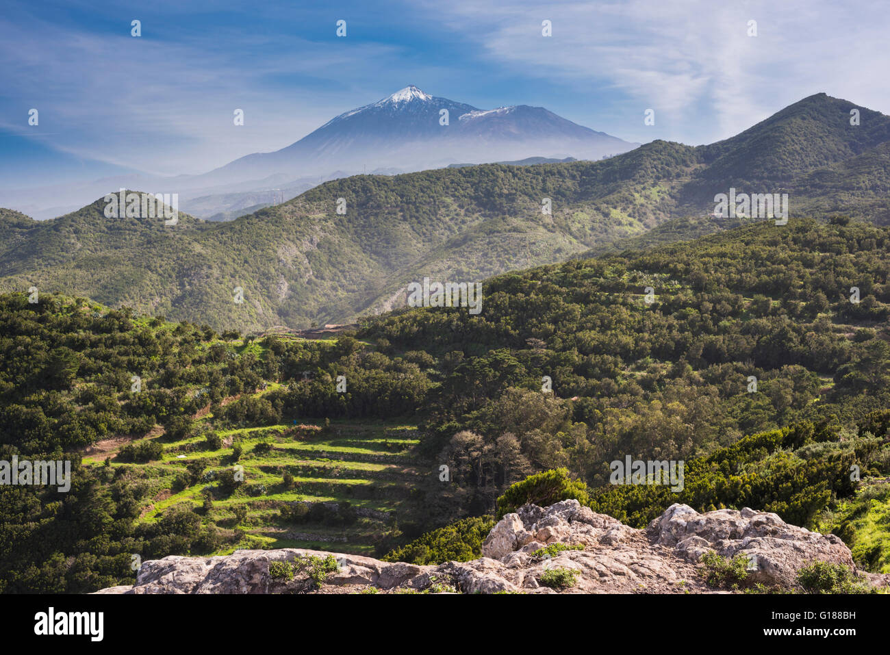 View towards Teide Volcano from Teno Alto, Tenerife, with spectacular cloud formations Stock Photo