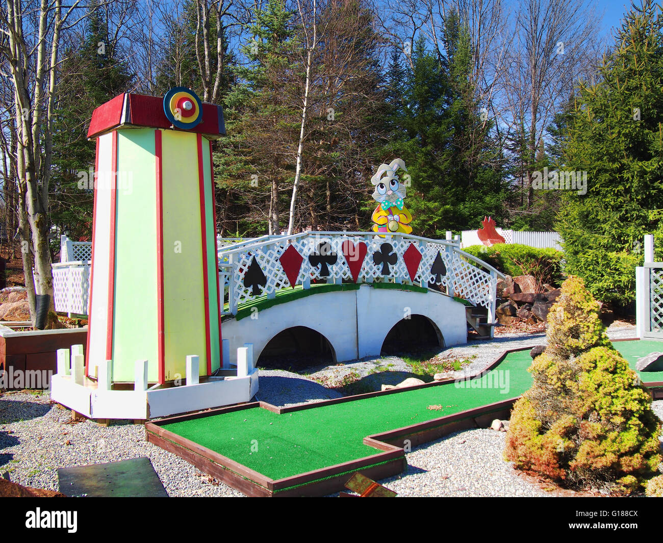 Old Forge, New York, USA. May 10, 2016. Over the Rainbow Mini Golf, a Wizard of Oz themed miniature golf course in the tourist to Stock Photo