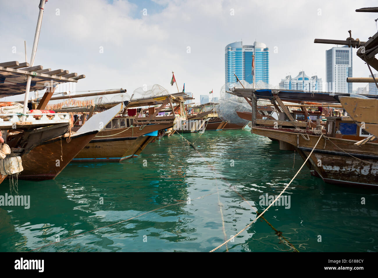 Old fishing boats in Abu Dhabi, UAE. Overcast day Stock Photo Alamy