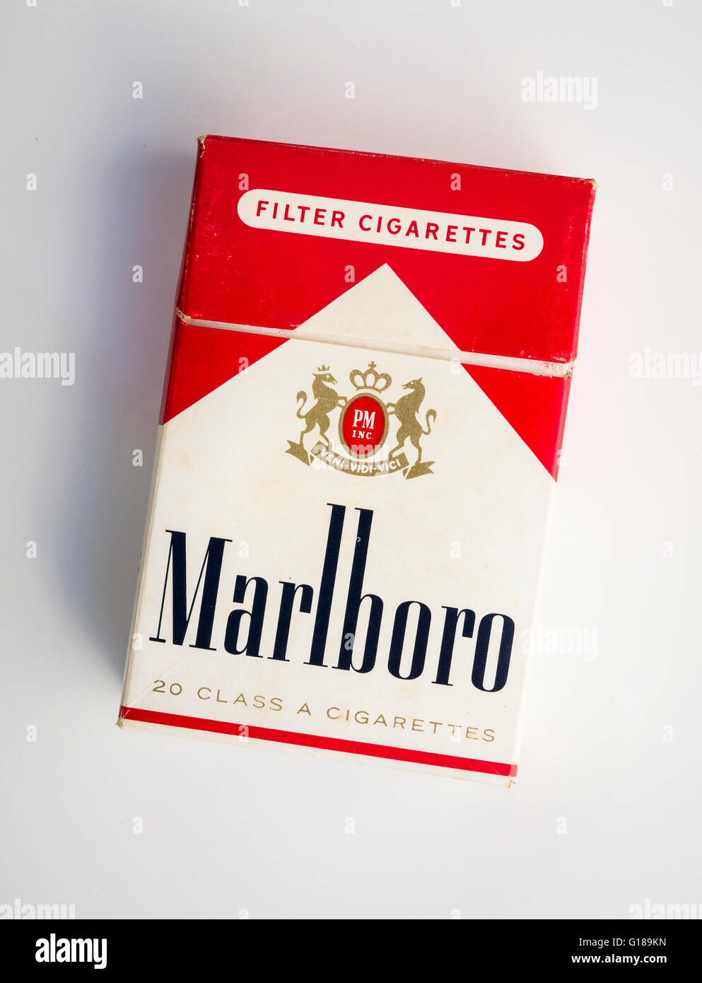 Packet of 20 Marlboro Cigarettes, from the 1970s, First introduced in 1924 in the USA as a Women's Cigarette. Stock Photo
