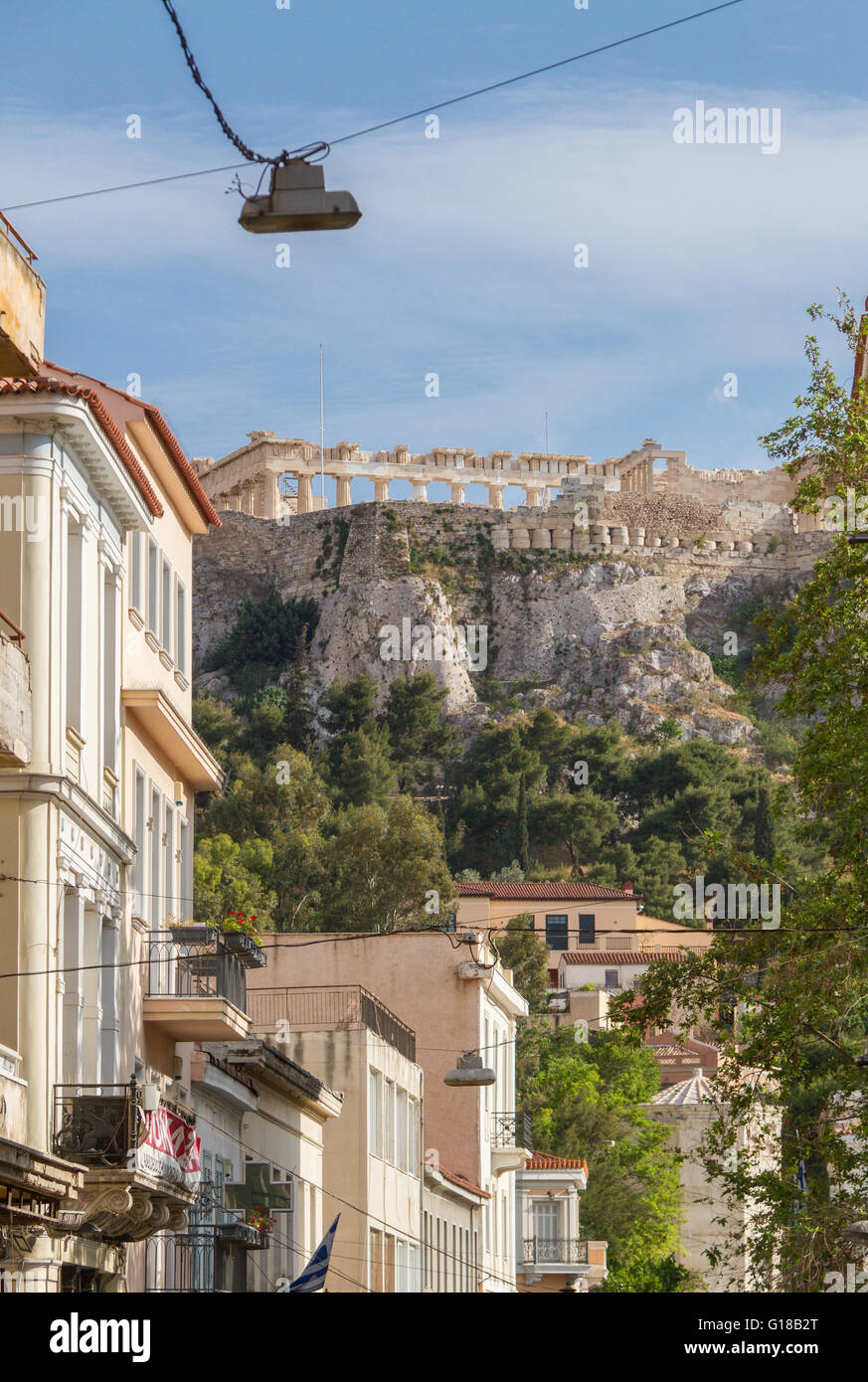 View of Acropolis through streets of Plaka district in Athens Greece. Photographed in an afternoon in April 2016 Stock Photo
