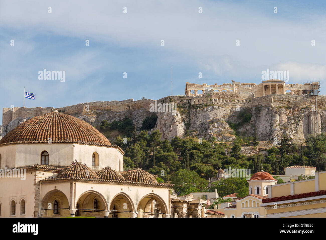 View of the Acropolis monument from Monastiraki Square. Afternoon photo in April 2016 Stock Photo