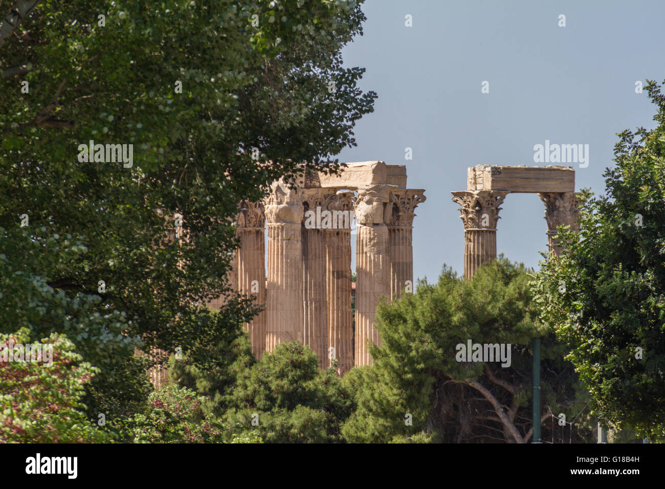 Temple of Olympian Zeus columns, Athens, Greece. Photo taken from National Gardens in April 2016 Stock Photo