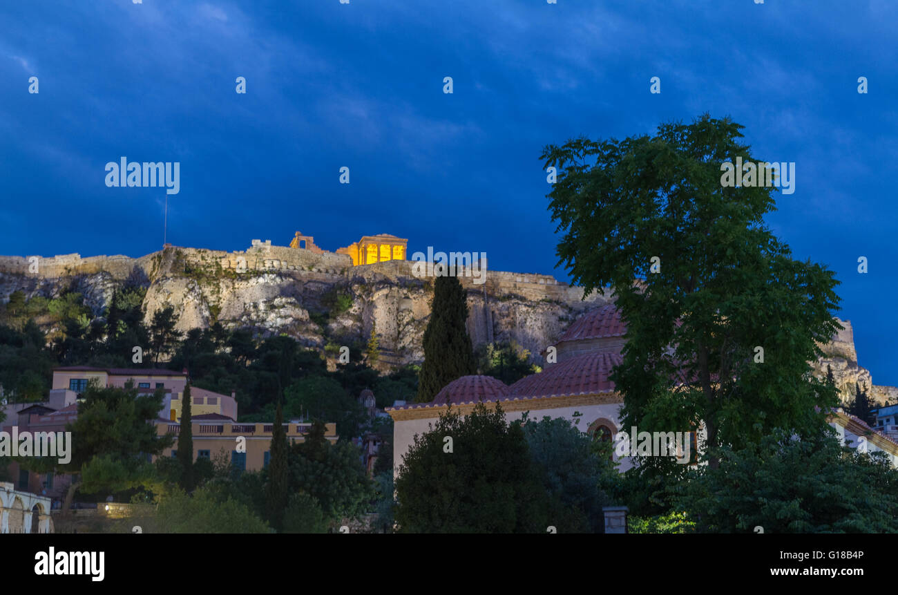 Church and Acropolis view from around Roman Agora, Athens. April 2016 evening photo Stock Photo