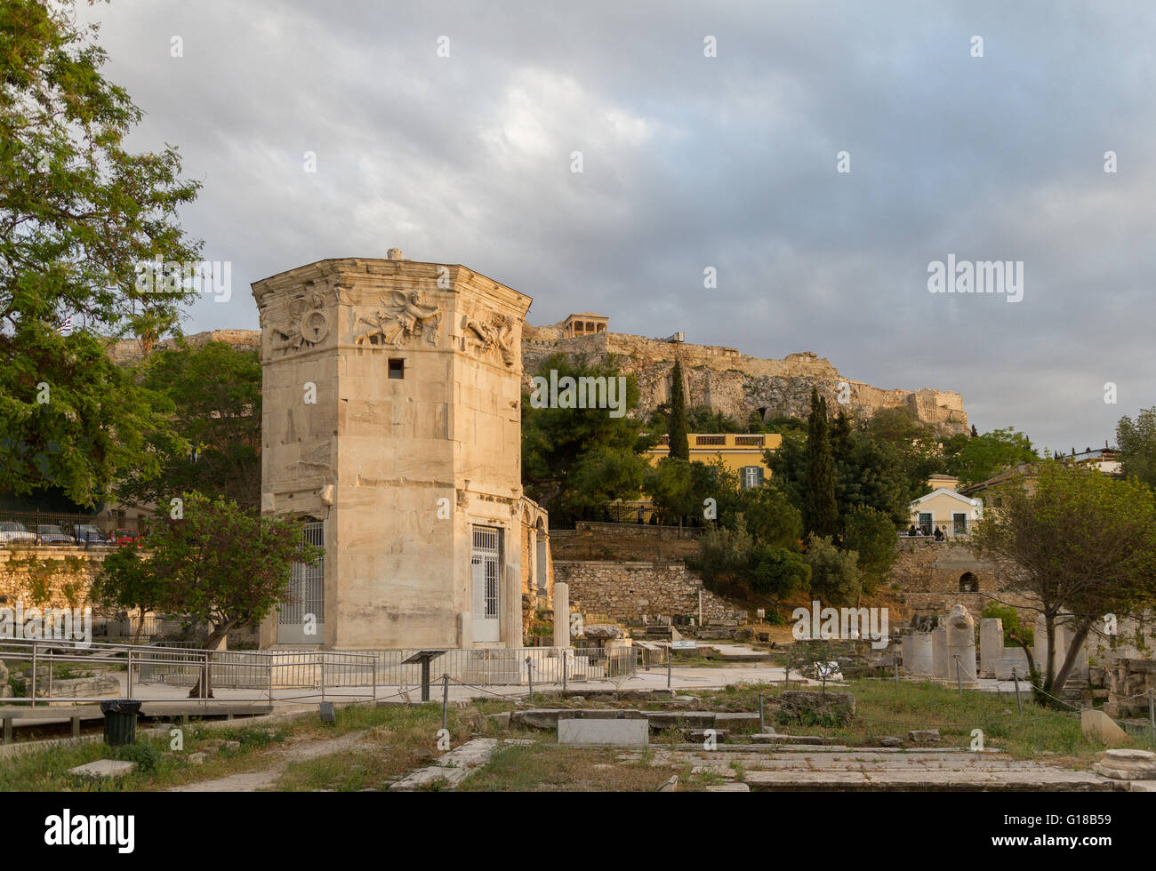 Tower of the Wind-gods in Roman Agora and Acropolis in the background shot in an afternoon of April 2016 Stock Photo