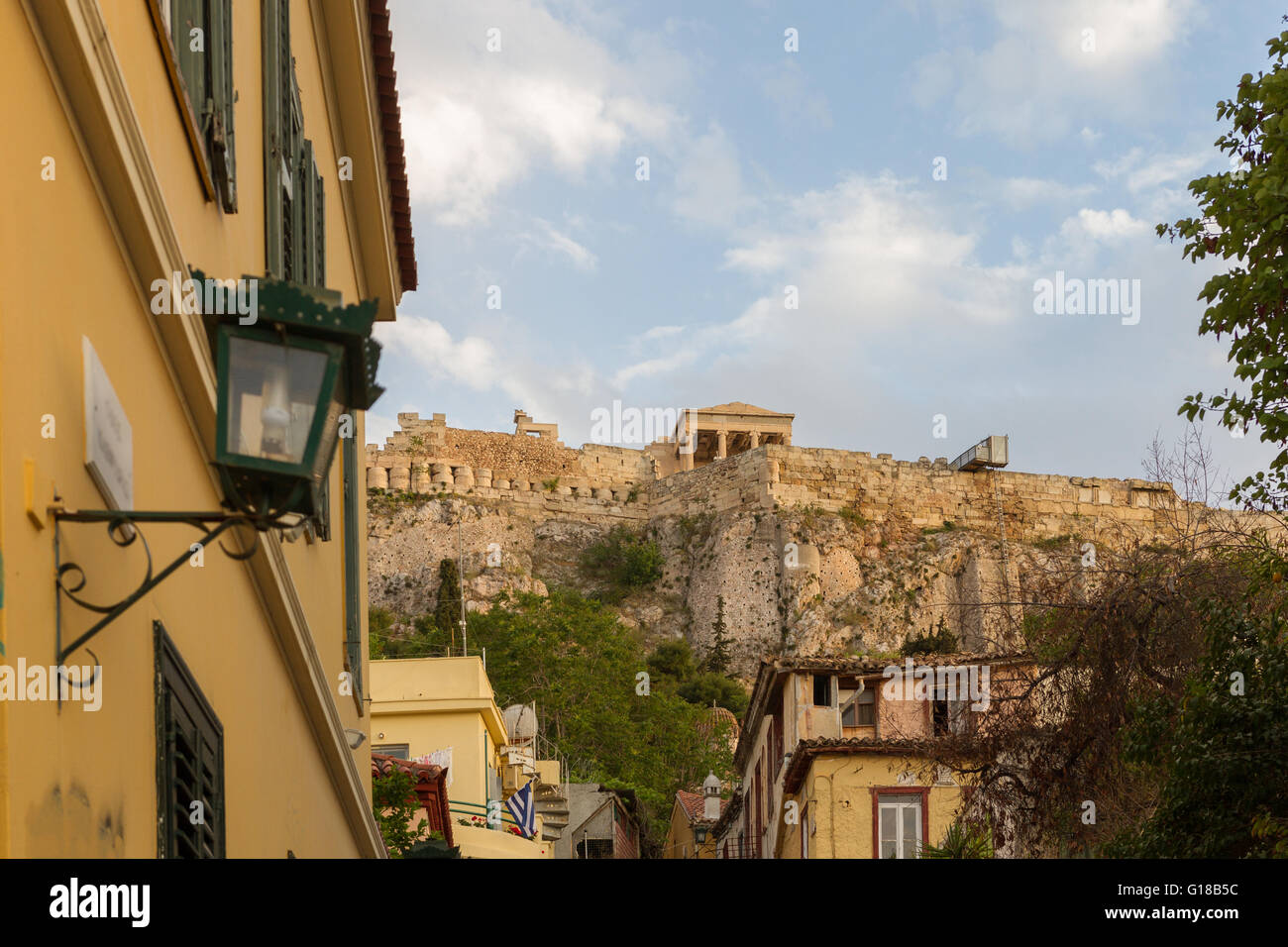 Plaka district in Athens Greece, with Acropolis in the background. Photographed in an afternoon in April 2016. Stock Photo