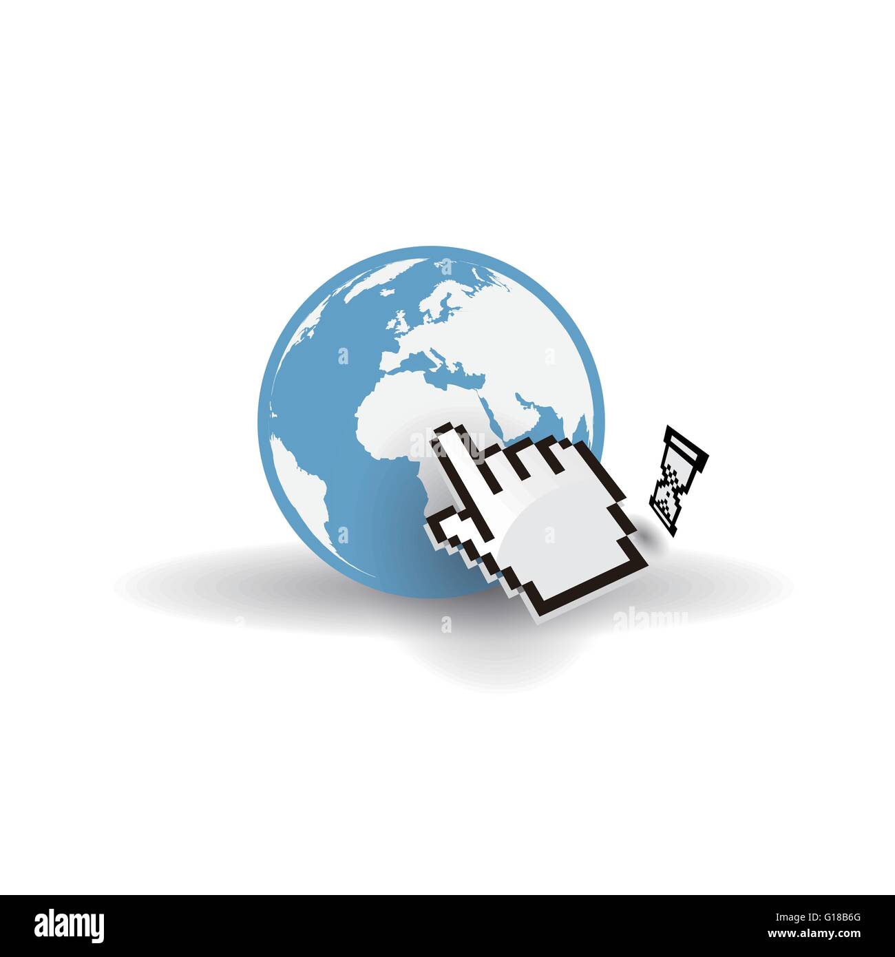 Internet earth globe with mouse hand cursor and hourglass Stock Vector