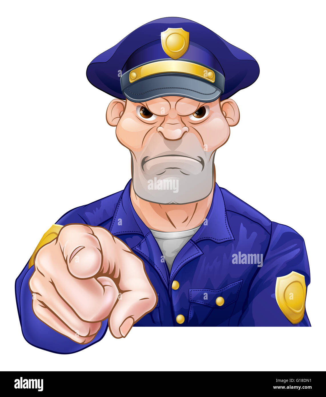 An angry looking cartoon police officer pointing Stock Photo