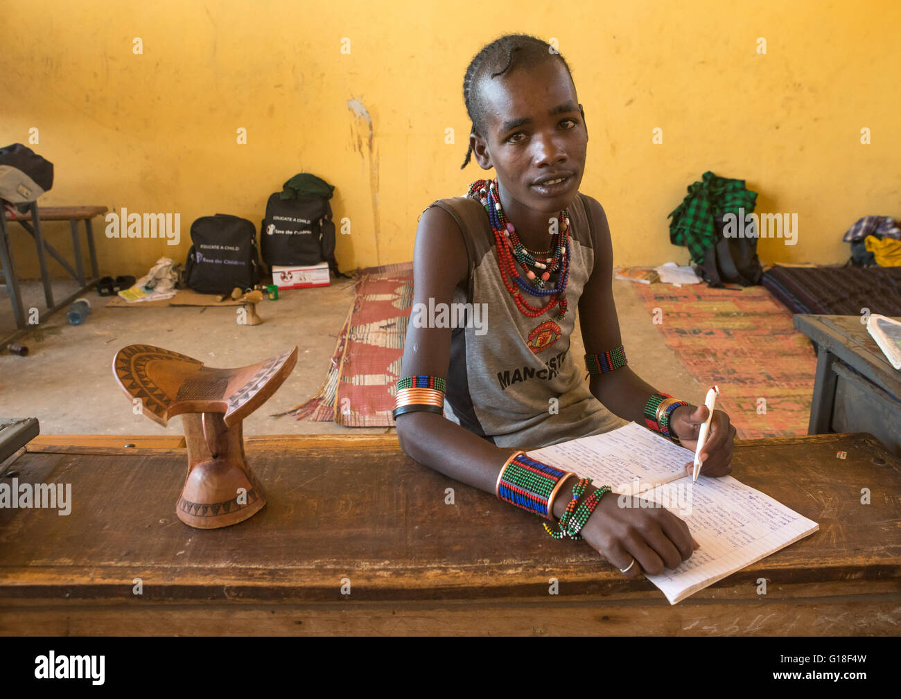 Hamer tribe boy in classroom, Omo valley, Turmi, Ethiopia Stock Photo