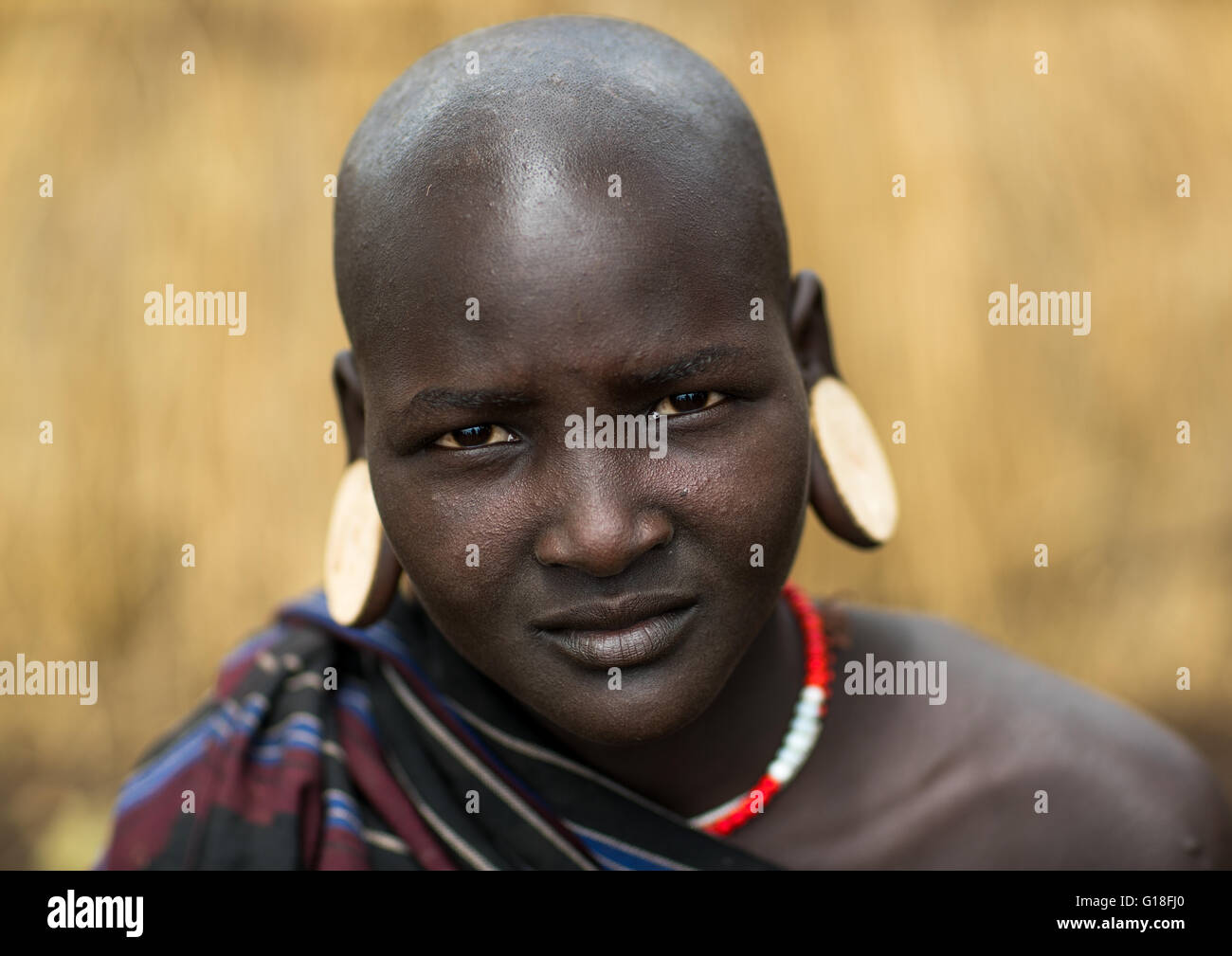 Mursi tribe woman with enlarged earlobes, Omo valley, Mago park, Ethiopia Stock Photo