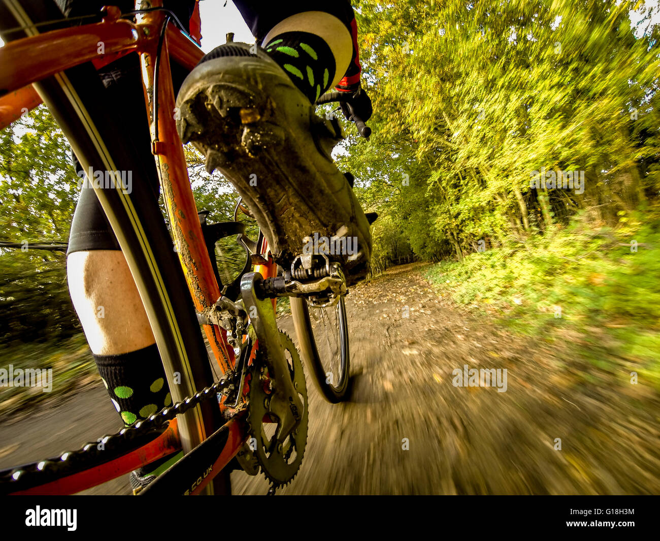 Worm's eye view of cross country cycling Stock Photo