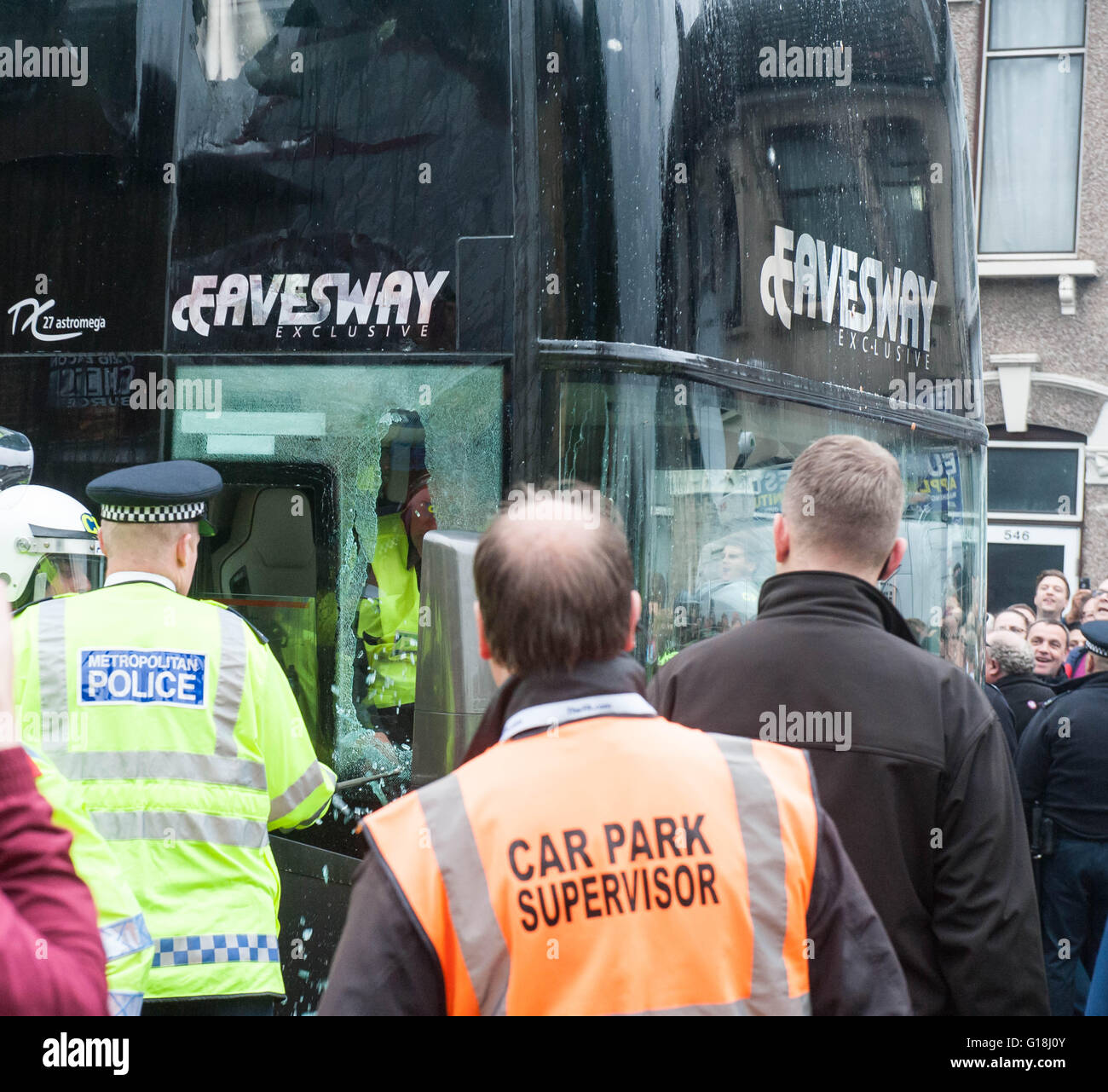 London UK. 10th May 2016. Manchester United coach attacked on its way into Upton Park for West Ham match Credit: Michael Tubi/Alamy Live News Stock Photo