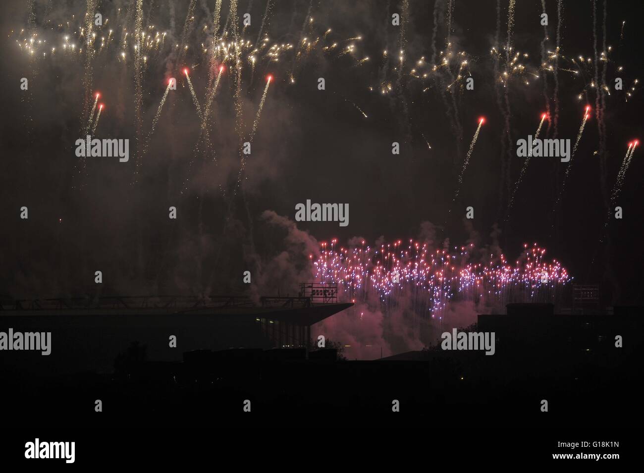 London, UK. 10th May, 2016. Fireworks explode above the Boleyn ground. Upton Park. London. UK. 10/05/2016. Credit:  Sport In Pictures/Alamy Live News Stock Photo