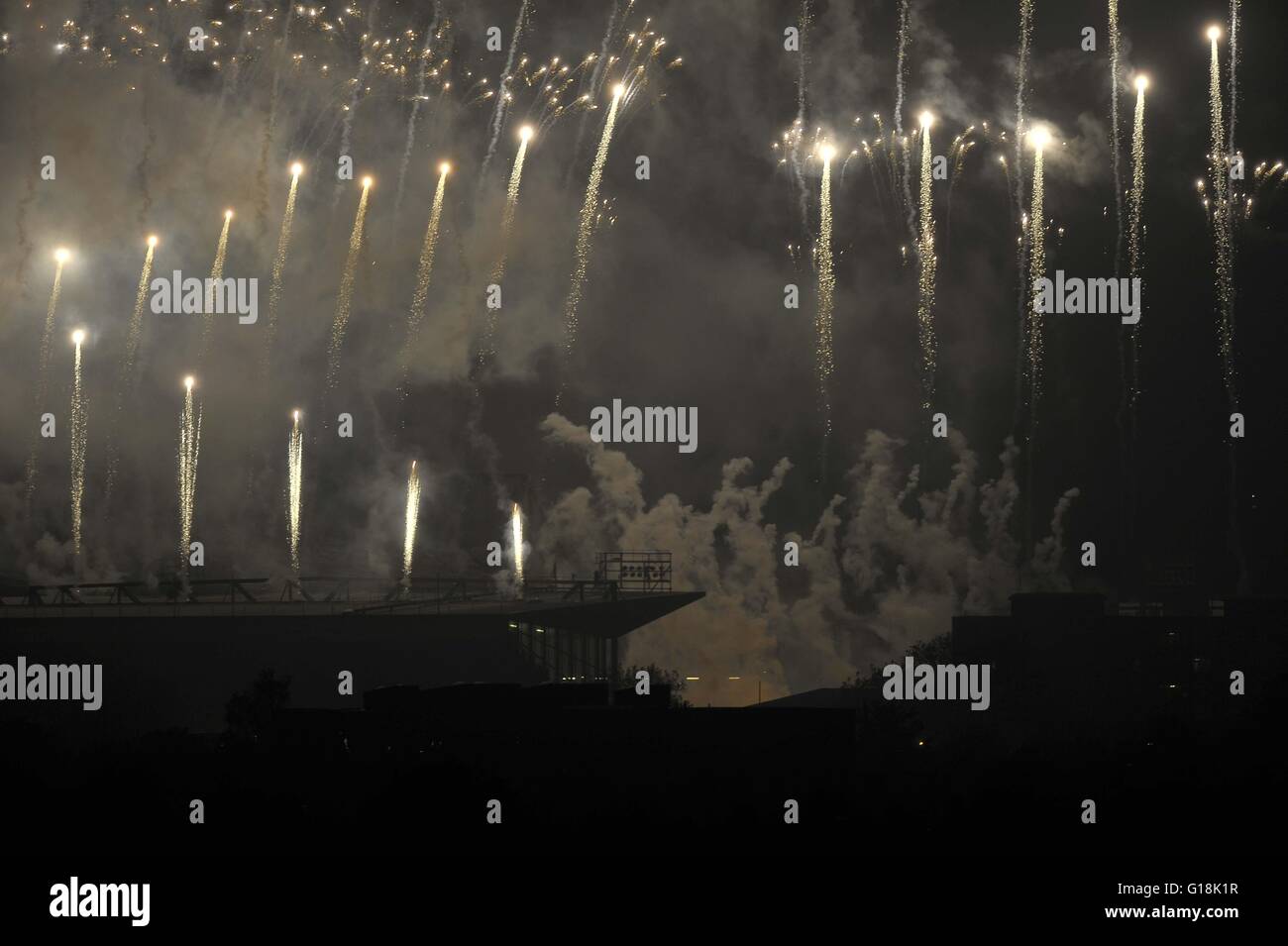 London, UK. 10th May, 2016. Fireworks explode above the Boleyn ground. Upton Park. London. UK. 10/05/2016. Credit:  Sport In Pictures/Alamy Live News Stock Photo