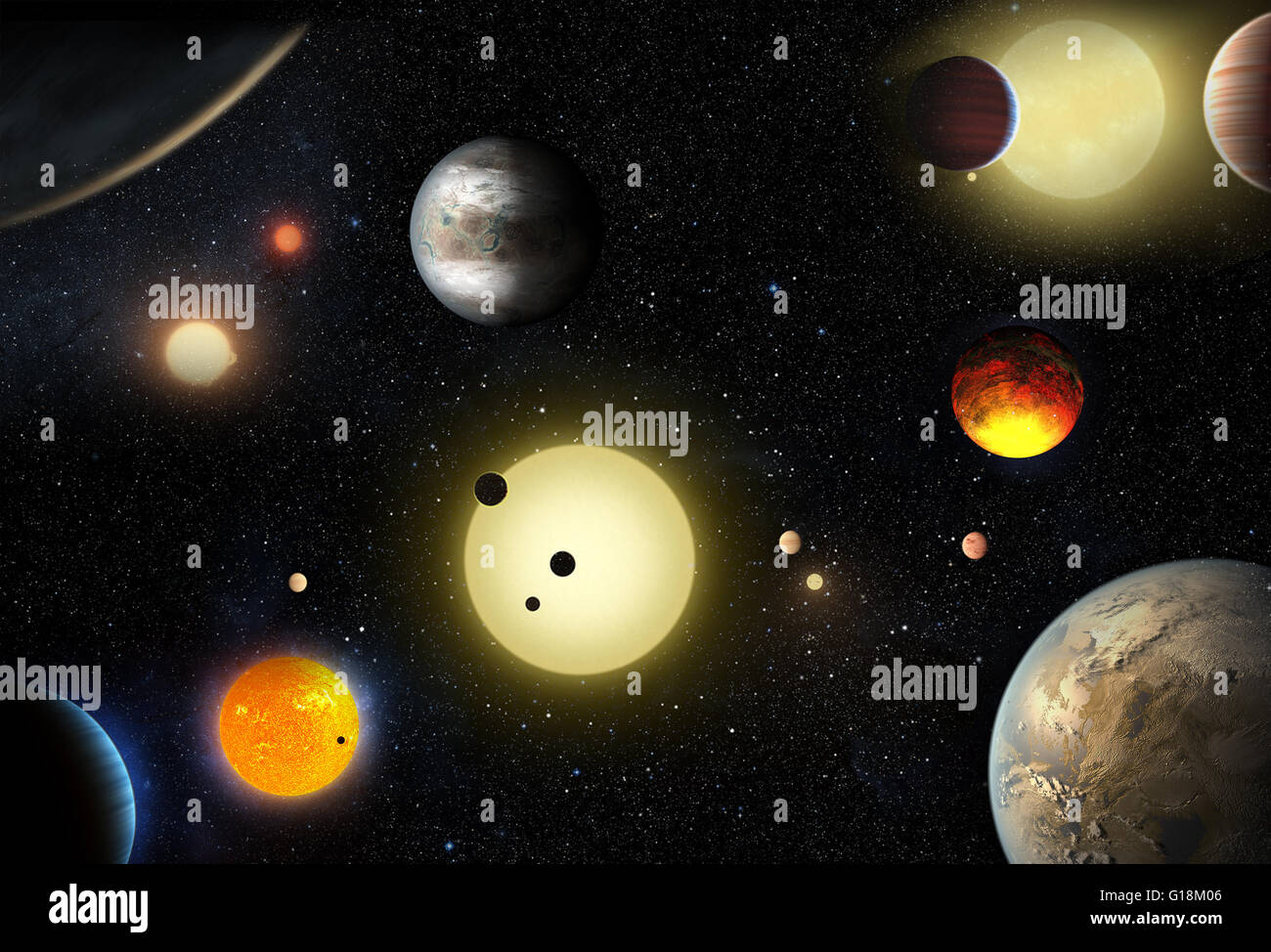 Washington, DC, USA. 11th May, 2016. This artist's concept obtained from U.S. space agency NASA depicts select planetary discoveries made to date by NASA's Kepler space telescope. NASA said Tuesday its Kepler mission has verified the existence of nearly 1,300 new planets, almost doubling the number of known planets outside our solar system. Credit:  NASA/W. Stenzel/Xinhua/Alamy Live News Stock Photo