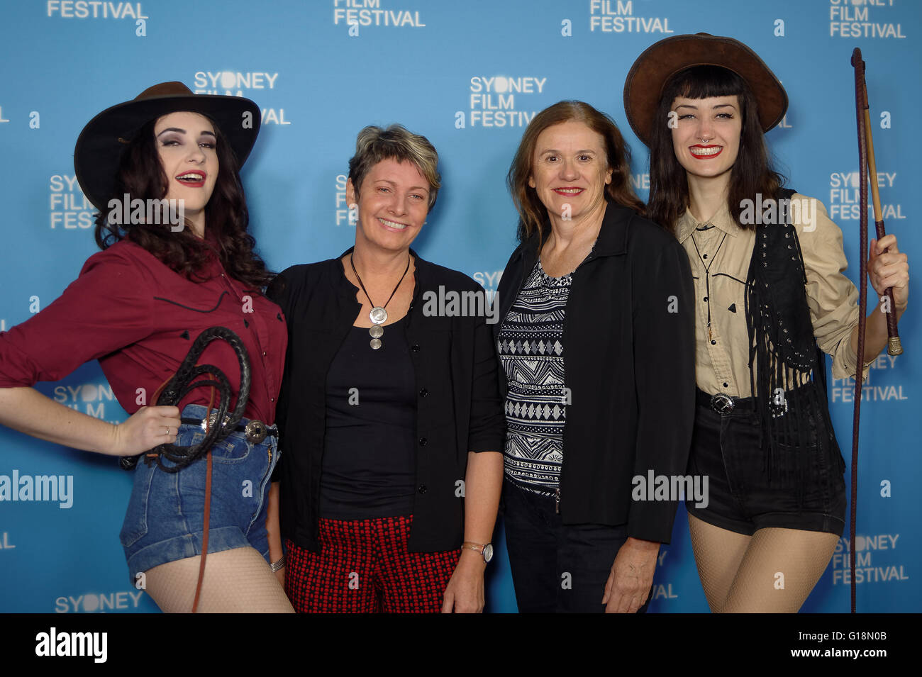 Sydney, Australia. 11th May, 2016. Bella Louche, Constance on the Edge Documentary Director Belinda Mason and Producer Marguerite Grey and Julia Rose pose for photographs at the 63rd Sydney Film Festival program official launch at Customs House. Sydney Film Festival is one of the world's longest-running film festivals, and is a major event on the New South Wales cultural calendar. Credit:  Hugh Peterswald/Pacific Press/Alamy Live News Stock Photo