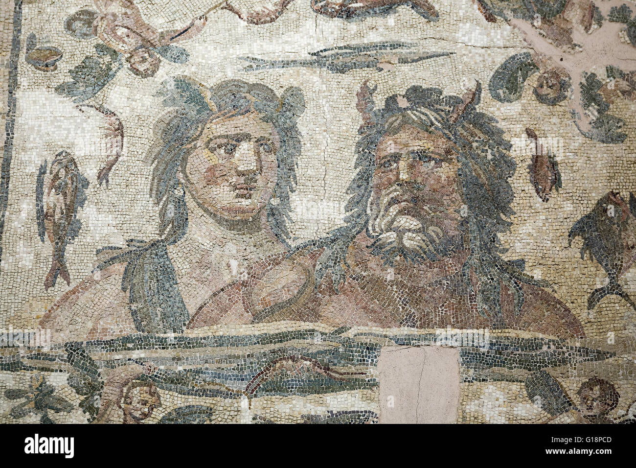 Hatay, Turkey - June 24, 2015 : Mosaic exhibits in New Hatay Archeology Museum, Turkey. Mosaic of Oceanus and Tethys Stock Photo