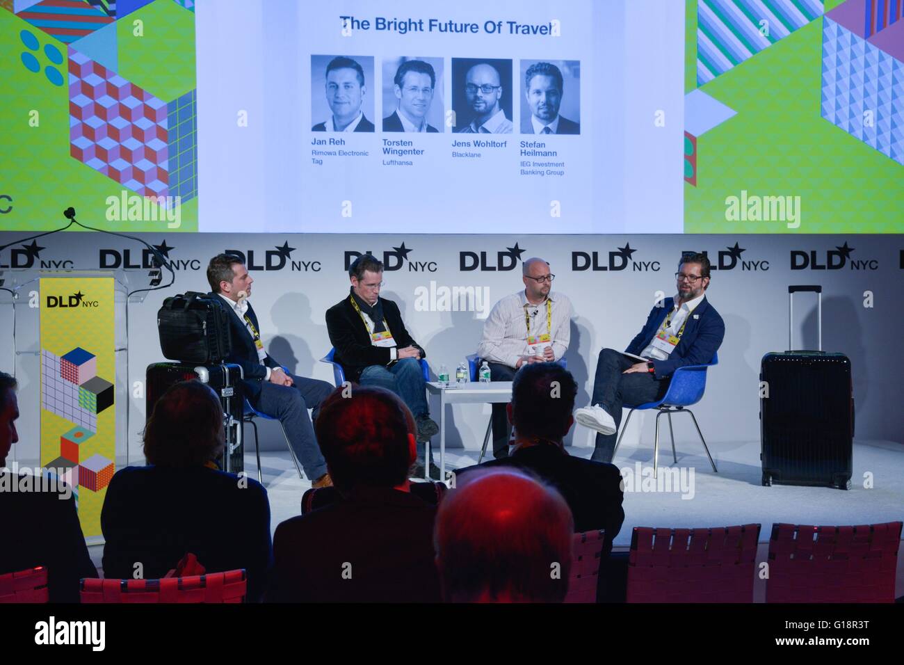 (L. To R.) Jan Reh (Rimowa Electronic Tag) Torsten Wingenter (Lufthansa) Jens Wohltorf (Blacklane) Stefan Heilmann (IEG Investment Banking Group) during the DLDnyc Conference 2016, Center548, New York City, May 3, 2016. The DLDnyc Conferences are held from the 3rd to the 4th of May, 2016. Photo: Free Press Image © Angel Zayas/Angel Zayas Photography for DLD | usage worldwide Stock Photo