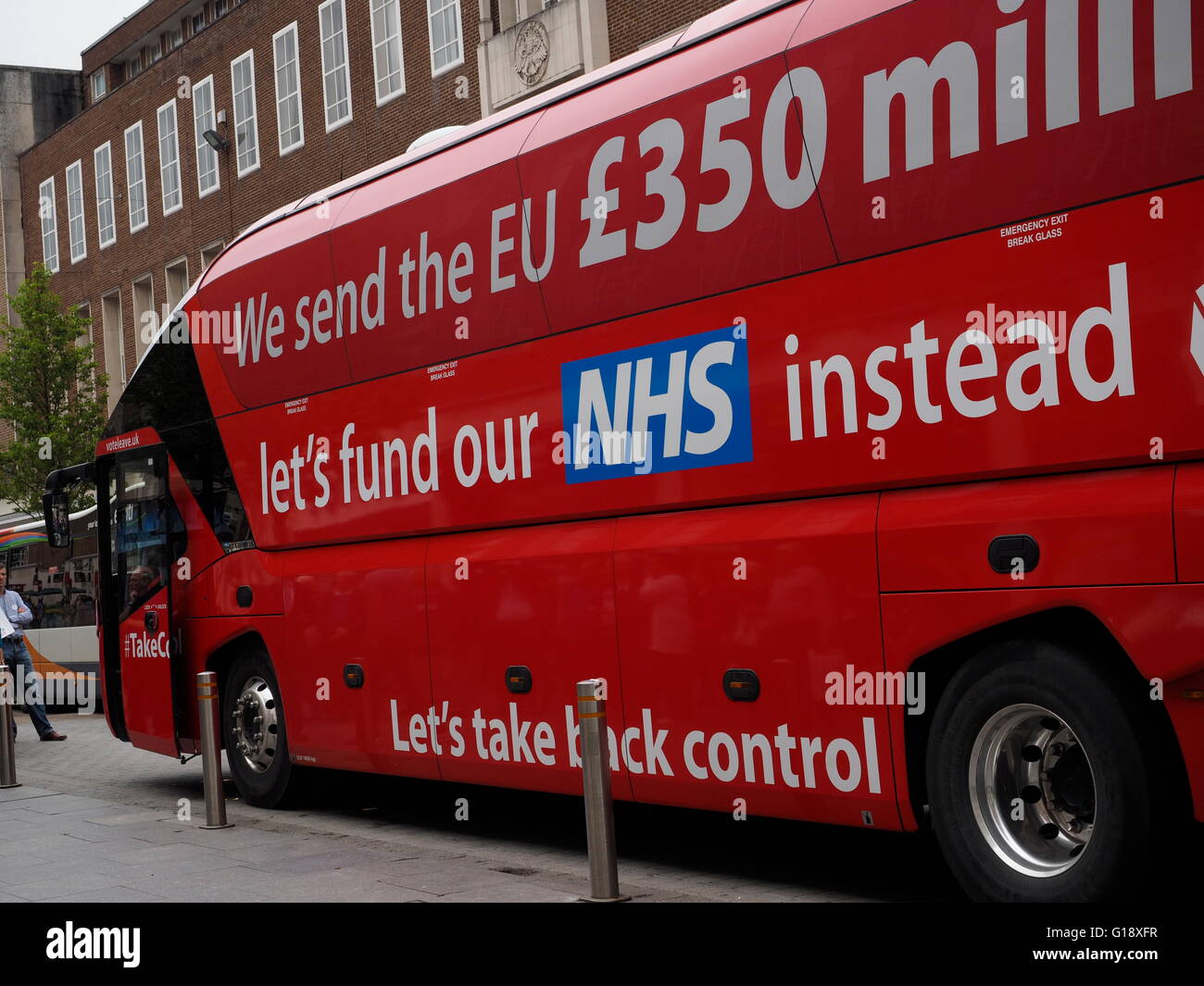 Exeter UK 11 May 2016 Brexit Battle Bus arrives in Exeter. NHS logo ...