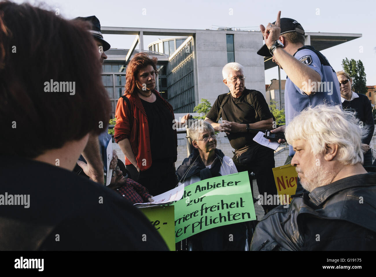 Berlin, Berlin, Germany. 11th May, 2016. Disability rights activists have chained themselves to a railing in Berlin's government district. The protesters ask for a full implementation of the Disability Rights Convention of the United Nations as part of the promised federal participation law and support for assistance and domestic care regardless of income. © Jan Scheunert/ZUMA Wire/Alamy Live News Stock Photo