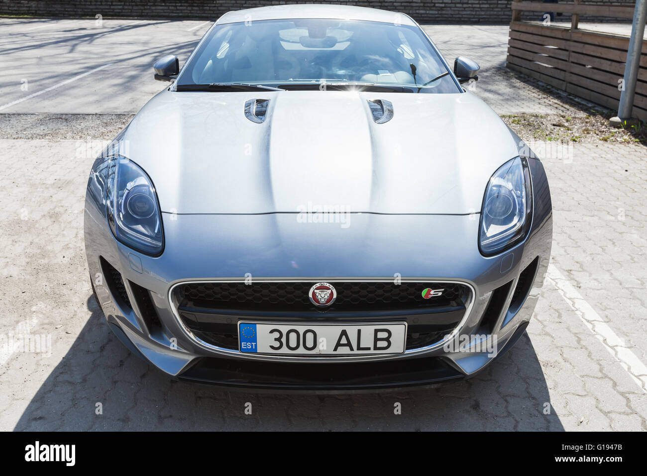Tallinn, Estonia - May 2, 2016: Jaguar F-Type coupe, closeup front view. Two-seat sports car, based on a platform of the XK conv Stock Photo