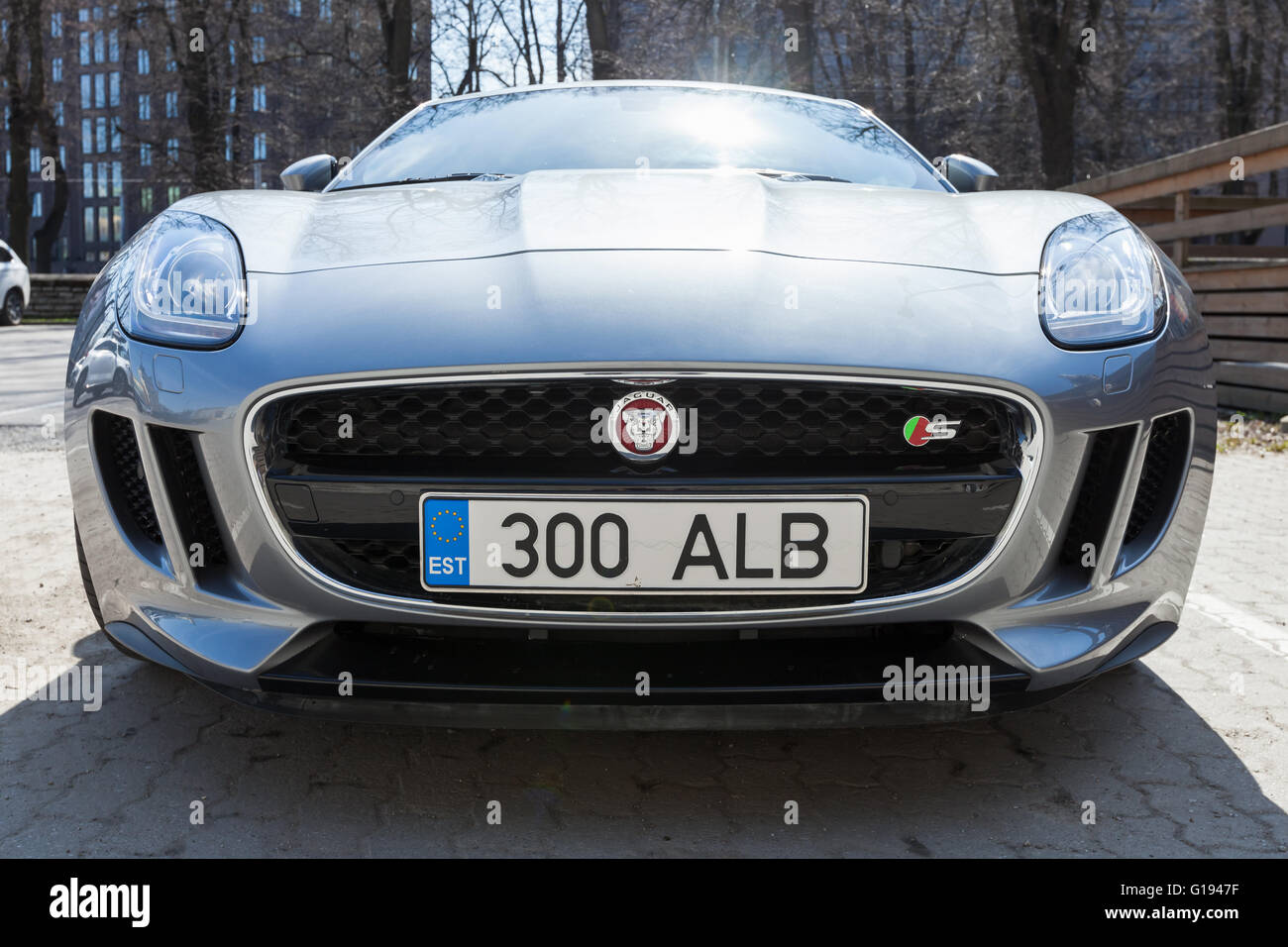 Tallinn, Estonia - May 2, 2016: Jaguar F-Type coupe, front view. Two-seat sports car, based on a platform of the XK convertible, Stock Photo