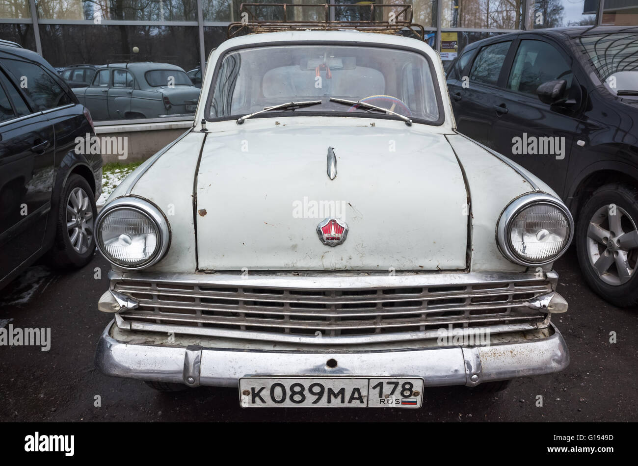 Saint-Petersburg, Russia - April 15, 2016: Gray old-timer Moskvitch-403 compact car manufactured by the former Soviet automobile Stock Photo