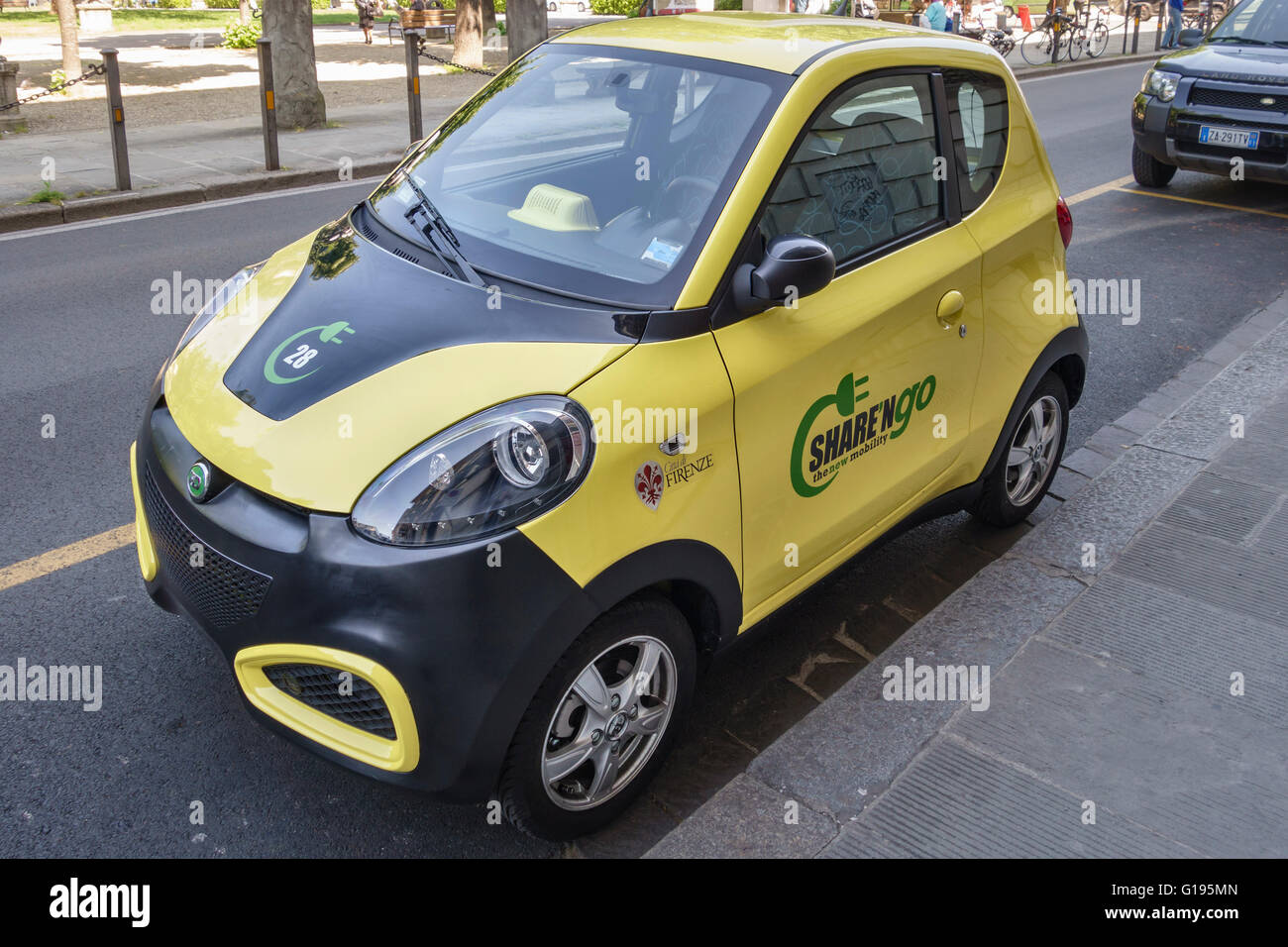 Florence, Italy. An Equomobile electric car for use by Share'NGo members. A car sharing scheme also available in Milan and Rome Stock Photo