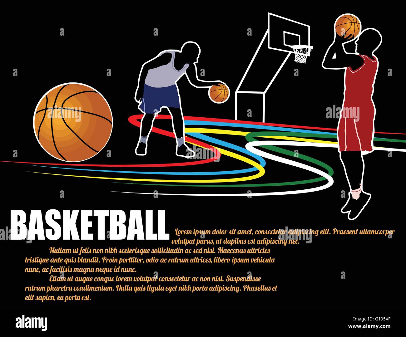 Basketball poster background with players silhouette on black, vector illustration Stock Vector