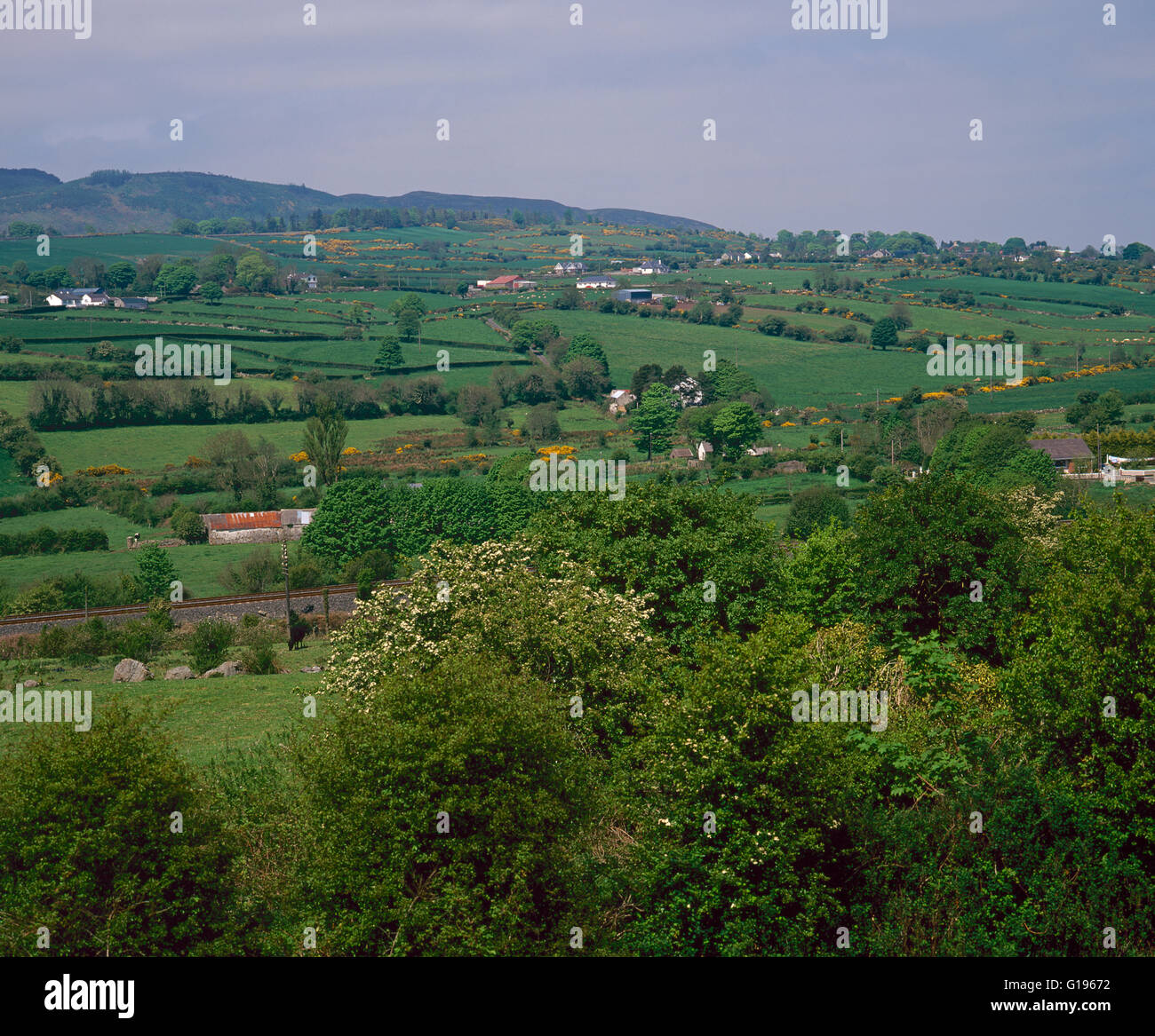 South Armagh countryside with Belfast to Dublin railway line, Northern Ireland Stock Photo