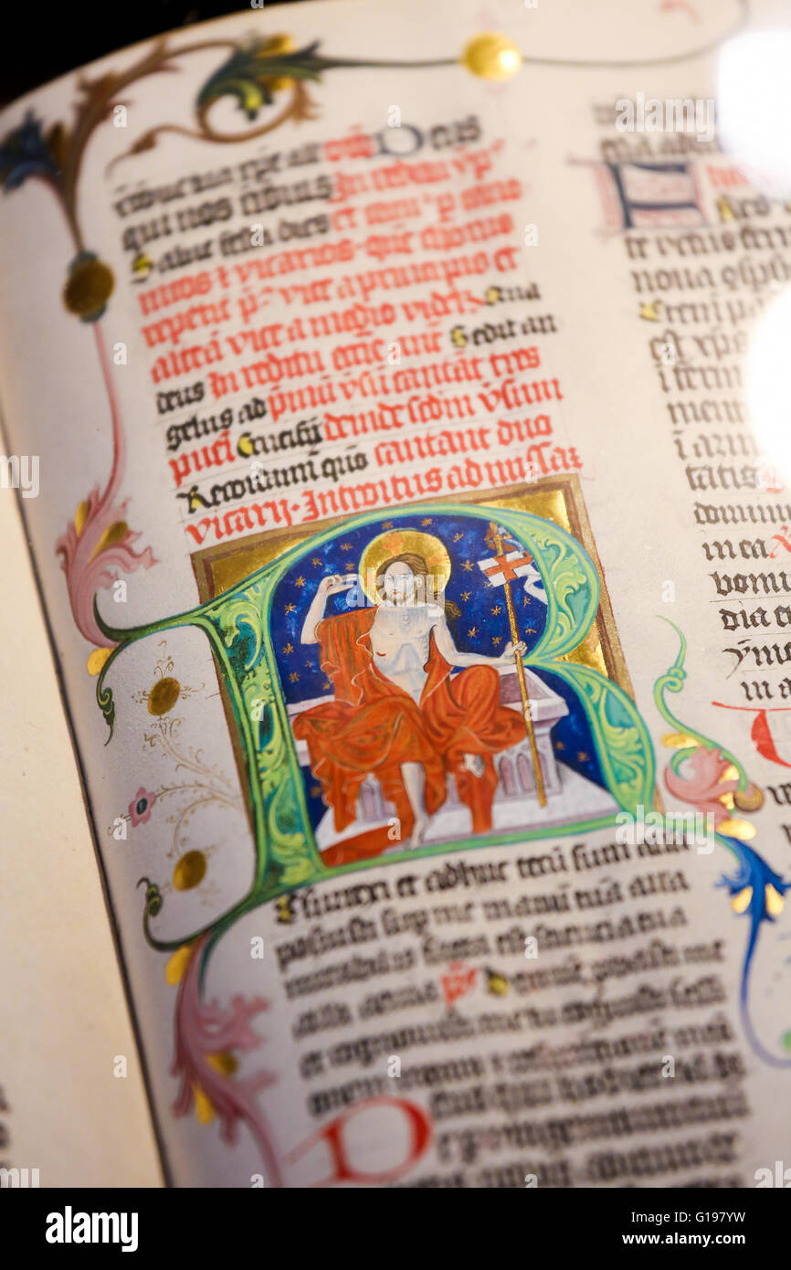 Illuminated text depicting Jesus Christ in the Library of Prague, Czech Republic. Stock Photo