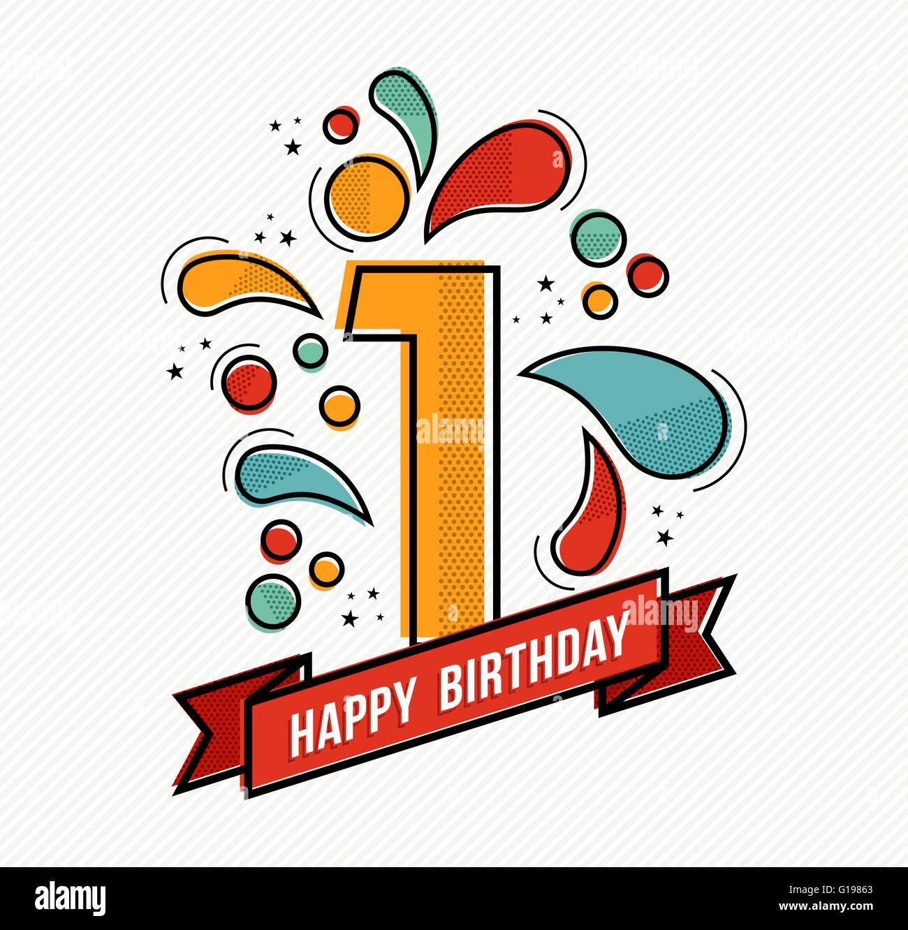 Happy birthday number 1, greeting card for one year in modern flat line art with colorful geometric shapes. Stock Vector