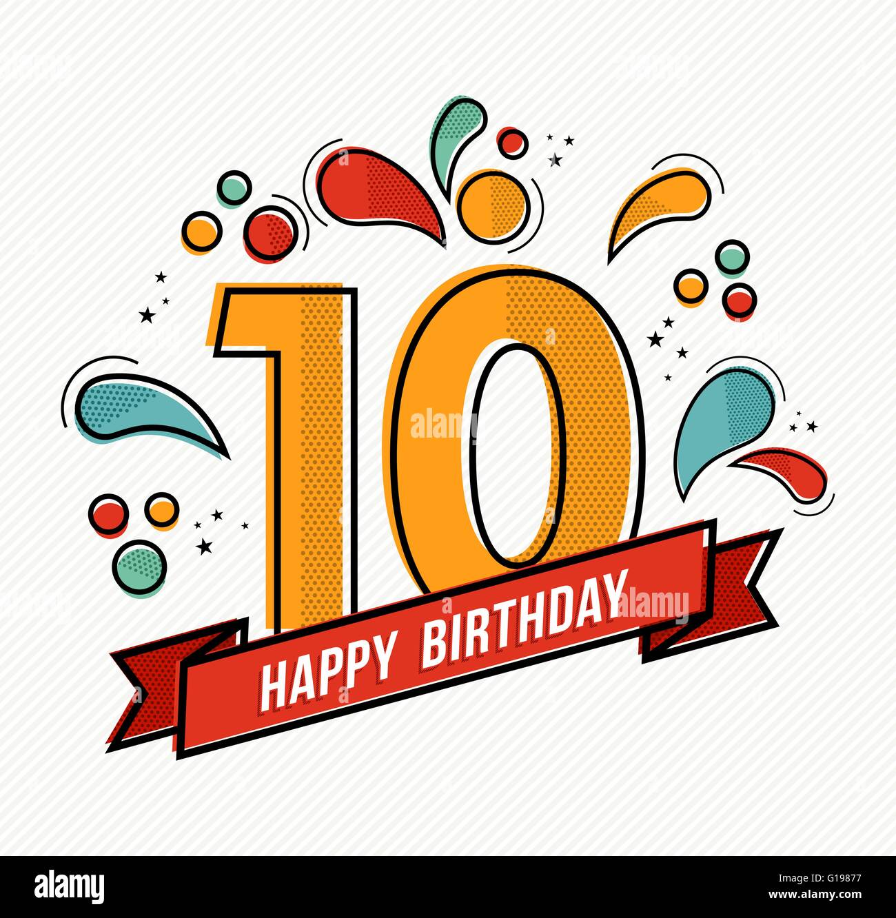 Happy birthday number 10, greeting card for ten year in modern flat line art with colorful geometric shapes. Stock Vector