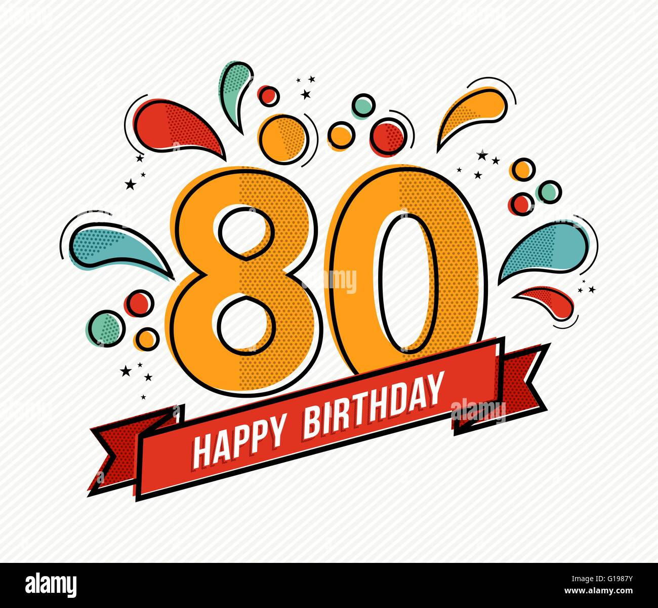 Happy birthday number 80, greeting card for eighty year in modern flat line art with colorful geometric shapes. Stock Vector