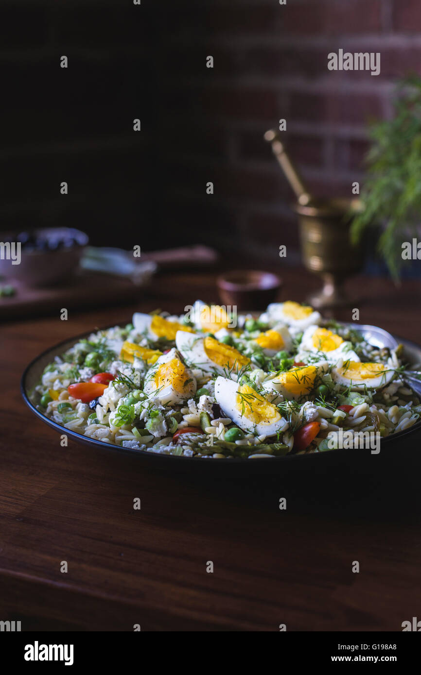 A large bowl of Mediterranean-Style Orzo Salad with Spring Vegetables is photographed from the front view. Stock Photo