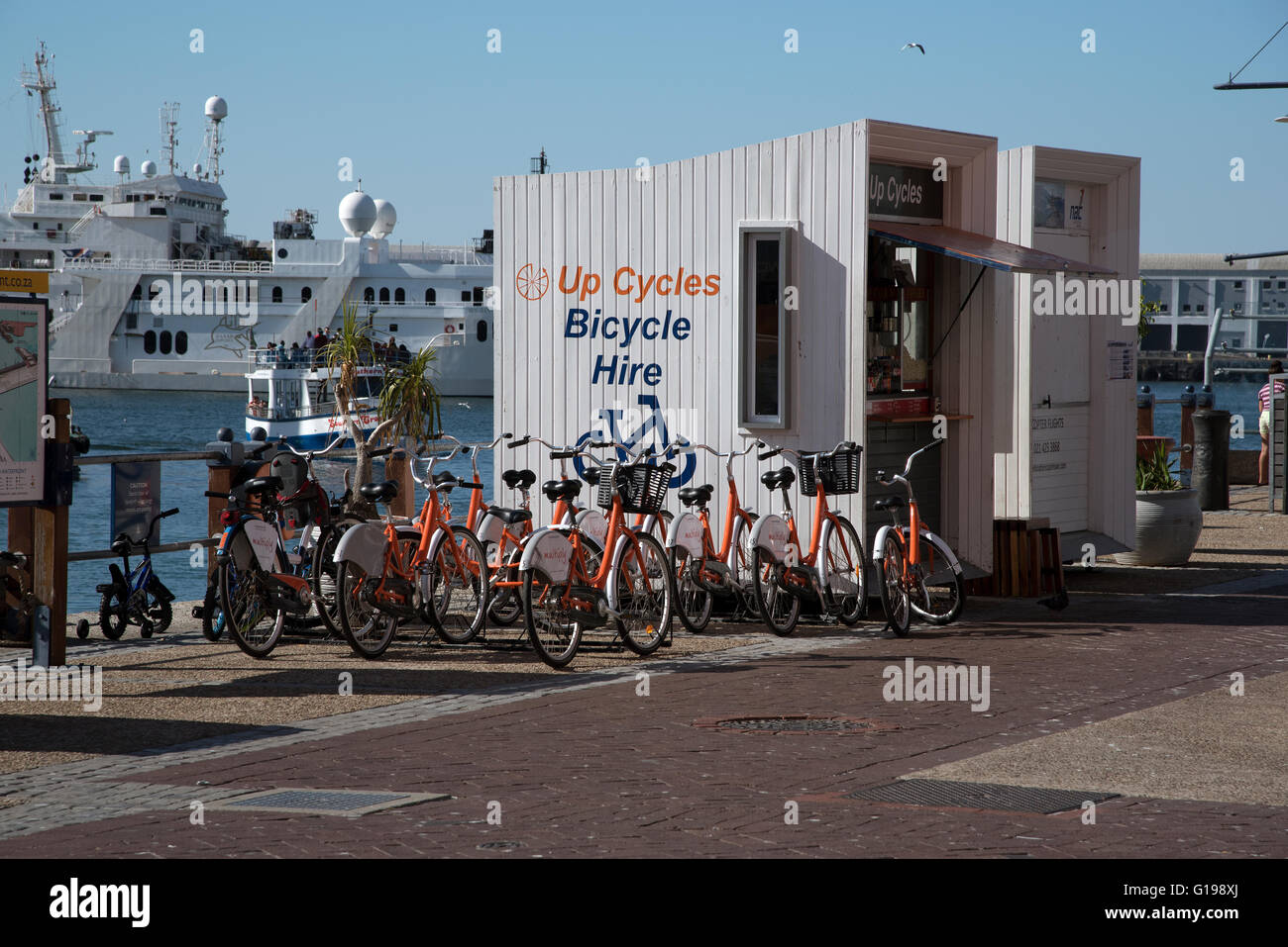 CAPE TOWN SOUTH AFRICA . The V&A Waterfront's cycle hire station where tourists may rent a bike to tour the Waterfront area Stock Photo