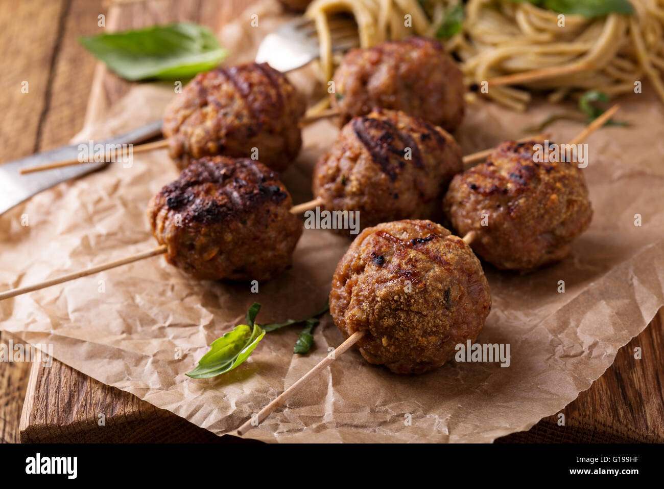 Turkey meatballs on wooden skewers Stock Photo Alamy