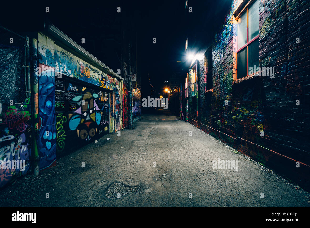 Graffiti Alley at night, in the Fashion District of Toronto, Ontario. Stock Photo