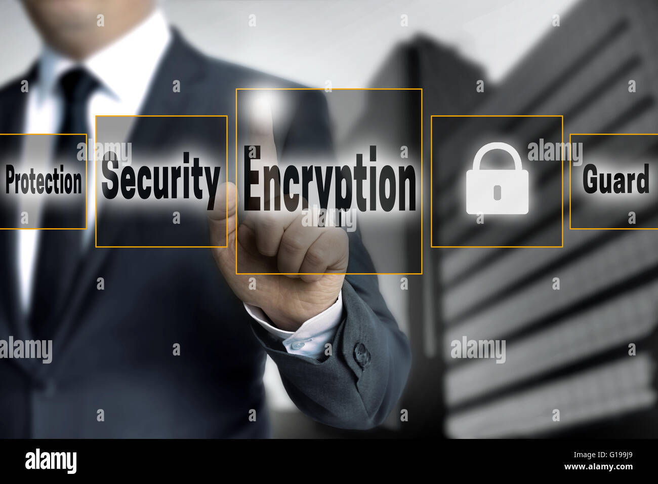 encryption touchscreen is operated by businessman. Stock Photo