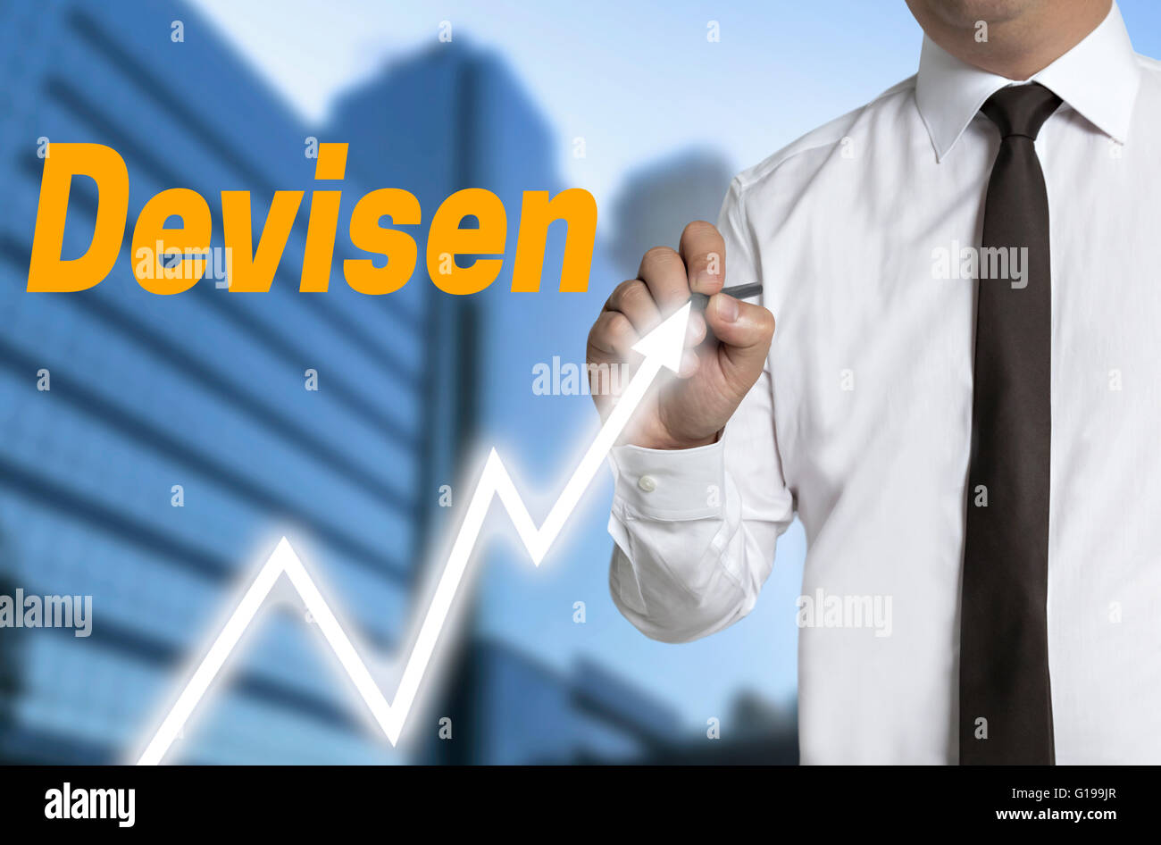devisen (in german currency) trader draws market price on touchscreen. Stock Photo