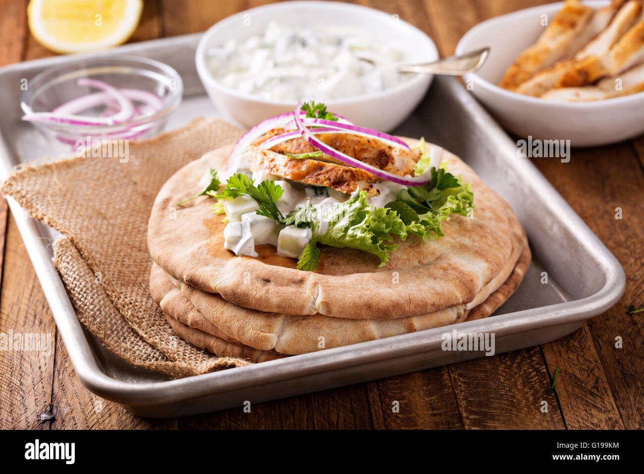 Chicken pita sandwich with cucumber sauce Stock Photo Alamy