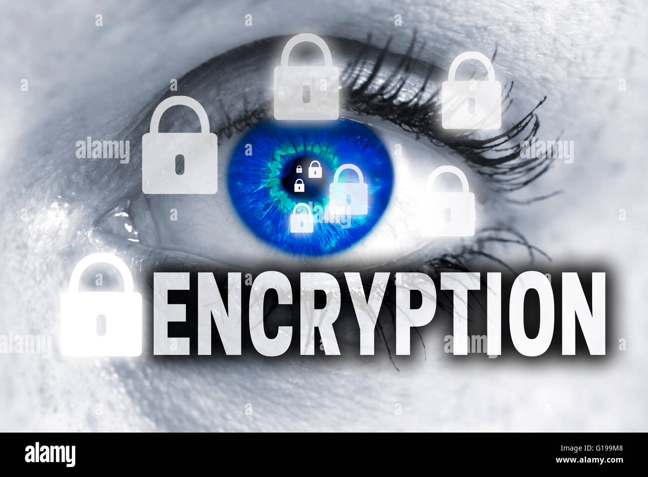 encryption eye looks at viewer concept background. Stock Photo