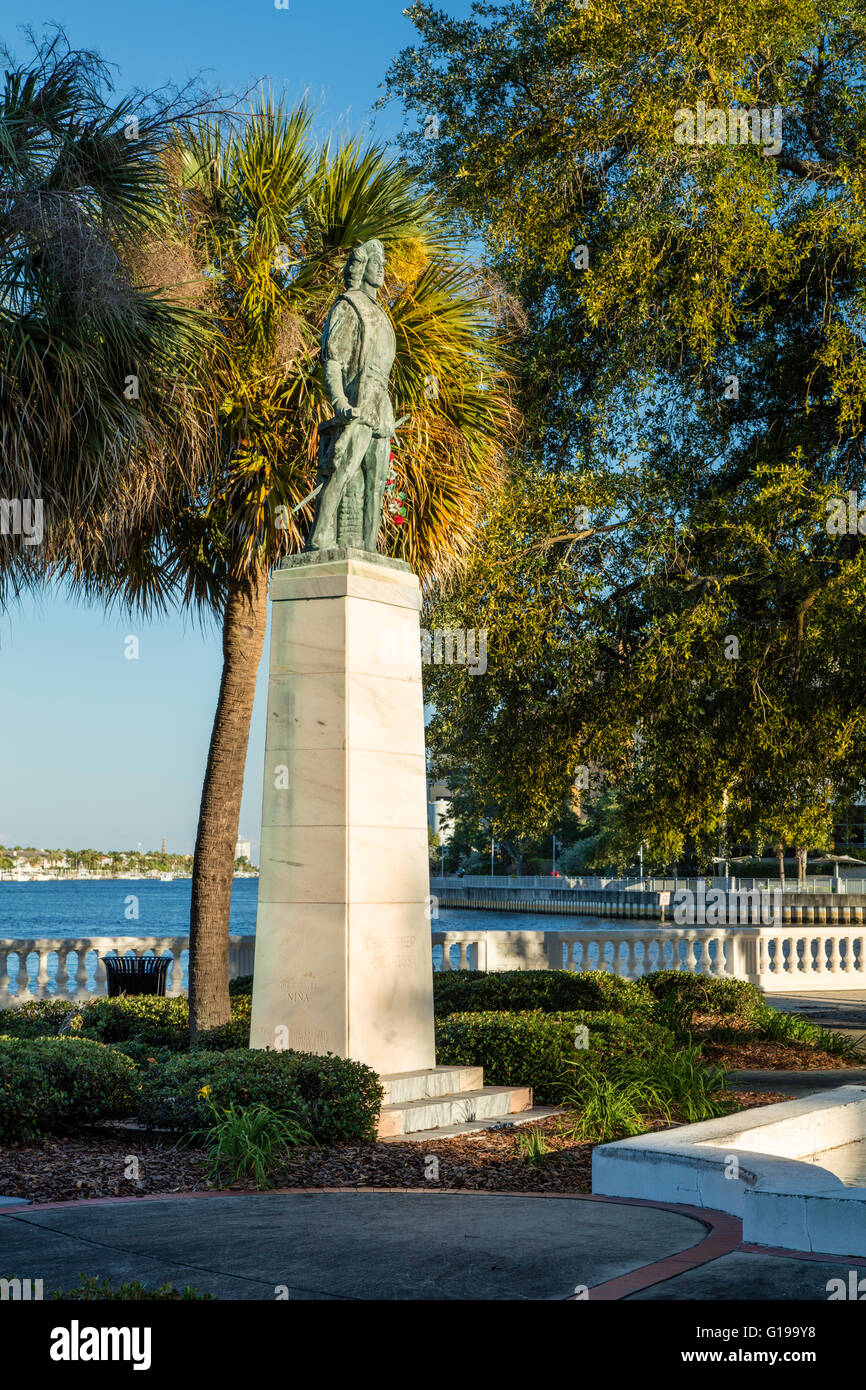 Christopher Columbus statue along the waterfront in Tampa, Florida, USA Stock Photo