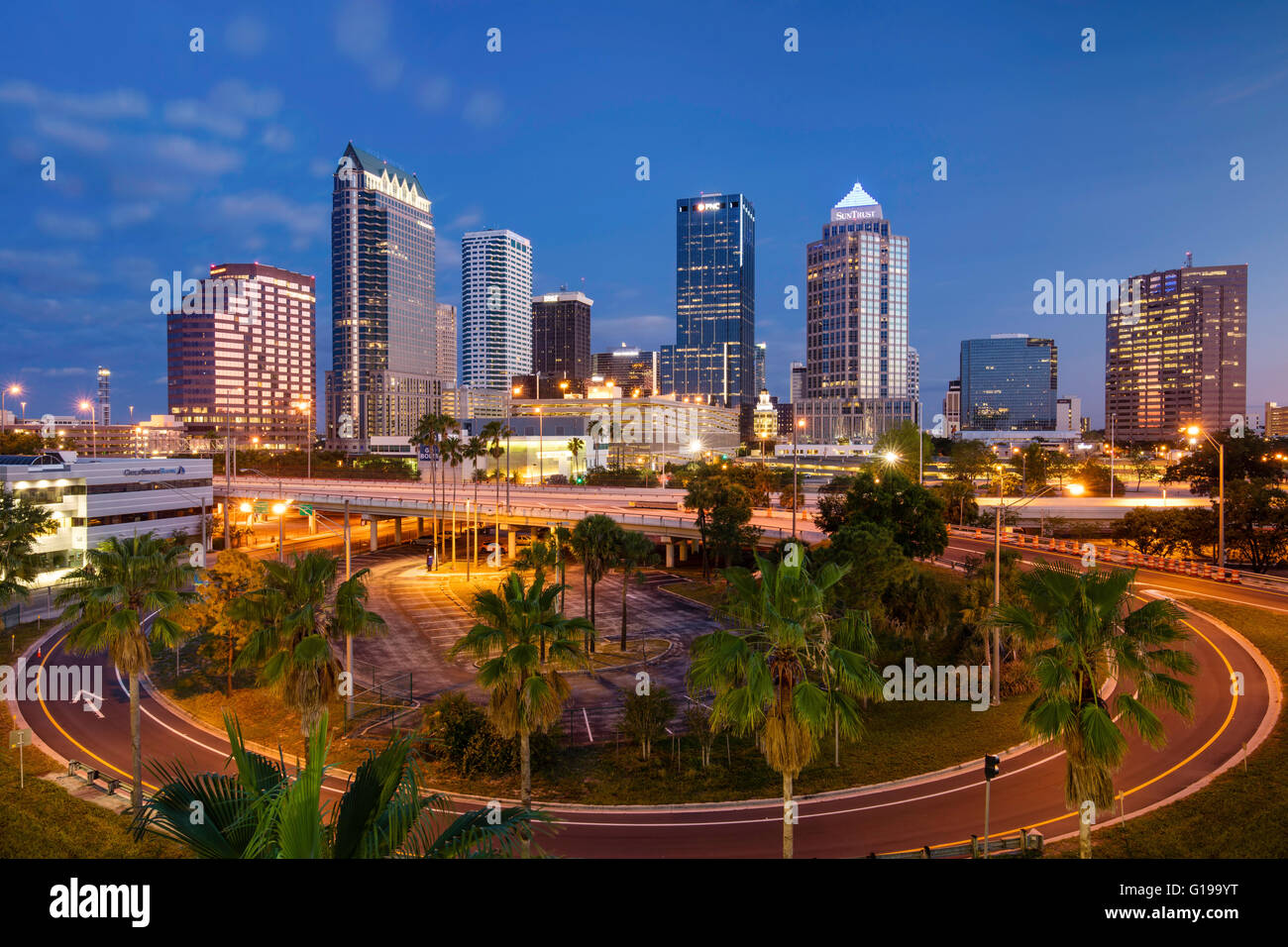 Morning twilight over the skyline of Tampa, Florida, USA Stock Photo