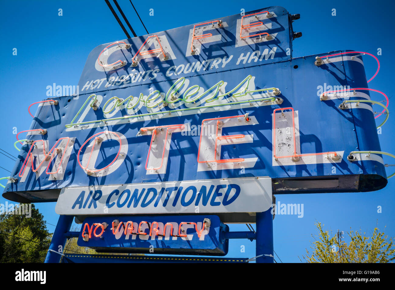 Big blue neon road Sign for the famous Loveless Motel and Cafe near ...