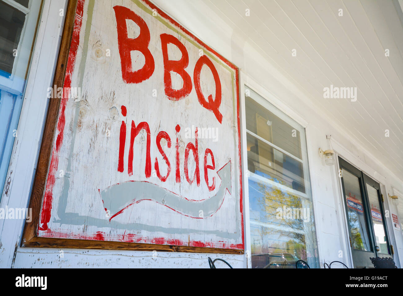 BBQ Inside sign on front porch entrance to the famous Loveless Motel