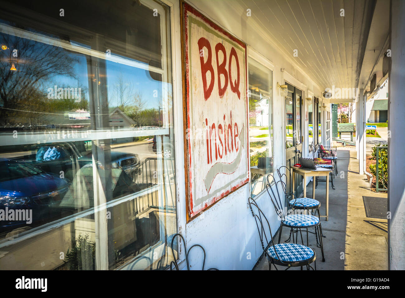 BBQ Inside sign on front porch entrance to the famous Loveless Motel