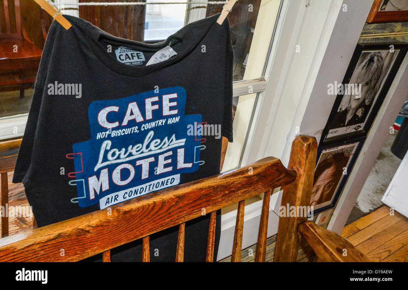 Tee Shirts at Reception area with famous Country Stars head shots on wall at the Loveless Cafe & Motel, Nashville, TN Stock Photo